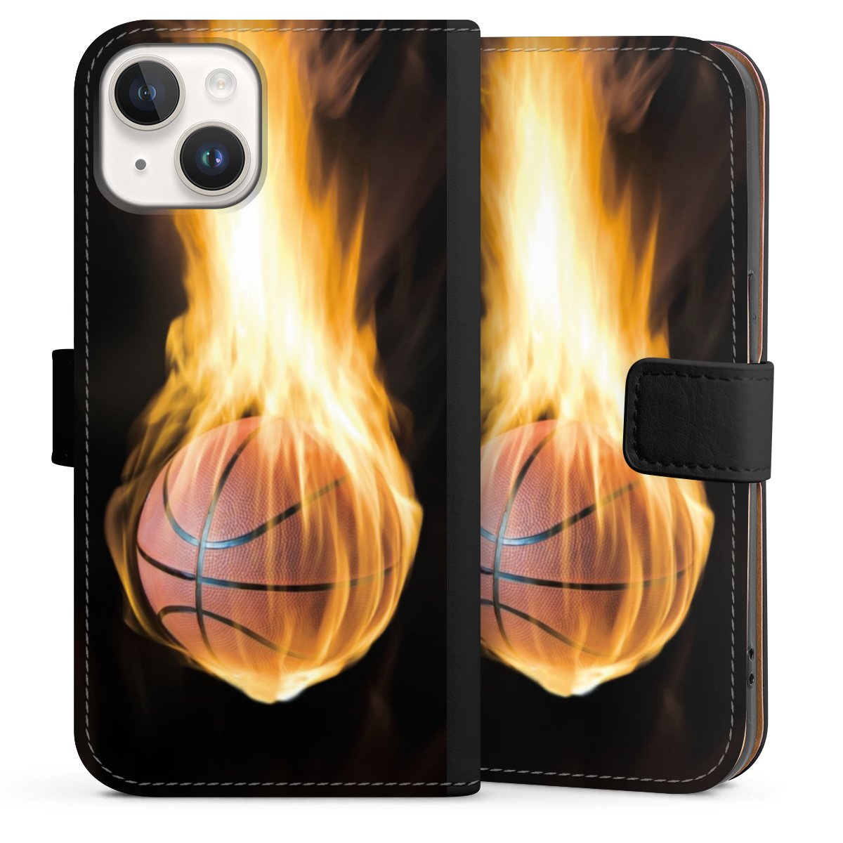 iPhone 14 Handy Klapphülle Handyhülle aus Kunst Leder schwarz Flip Case Basketball Sports Fire Sideflip mit Lasche