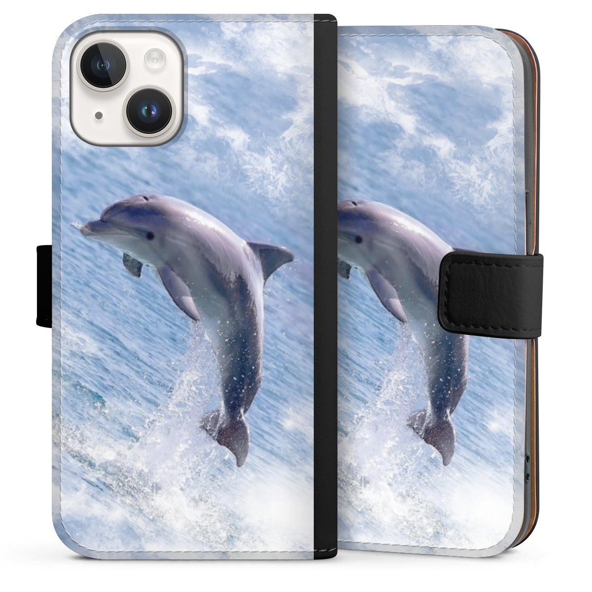 iPhone 14 Handy Klapphülle Handyhülle aus Kunst Leder schwarz Flip Case Dolphin Ocean Wale Sideflip mit Lasche