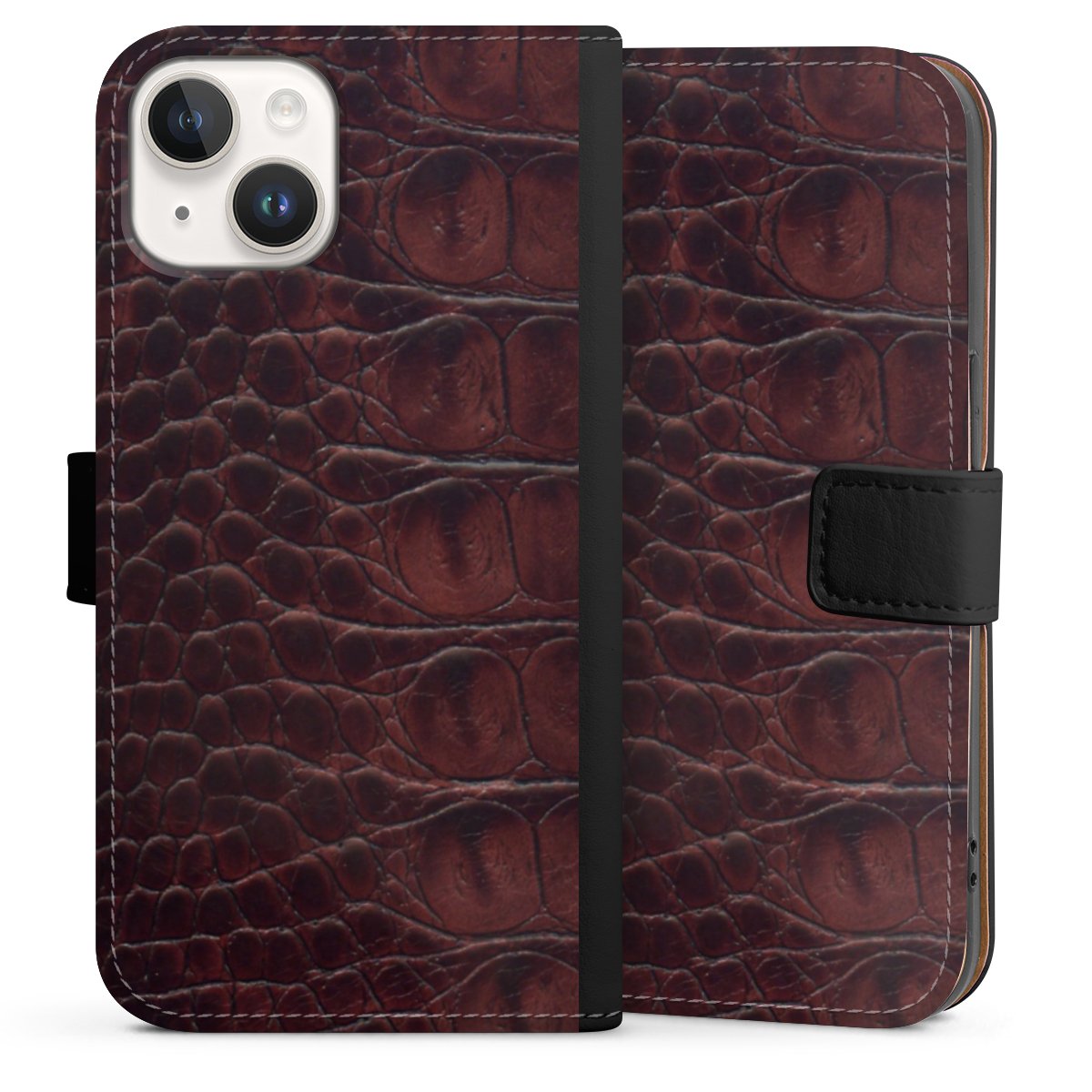 iPhone 14 Handy Klapphülle Handyhülle aus Kunst Leder schwarz Flip Case Crocodile Animal Print Leather Sideflip mit Lasche