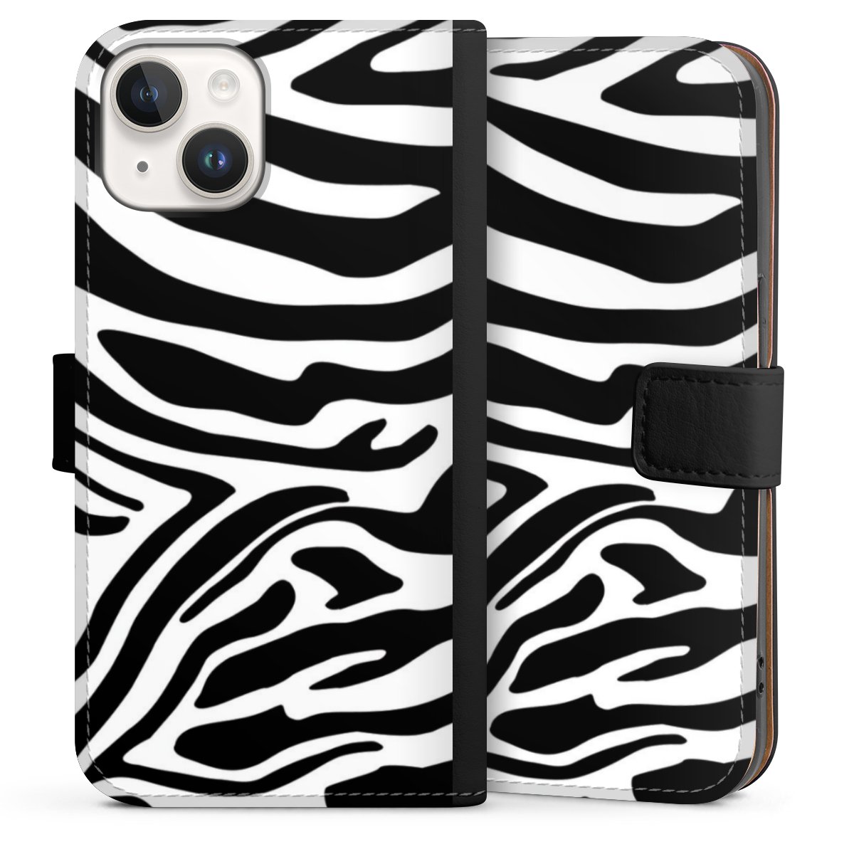 iPhone 14 Handy Klapphülle Handyhülle aus Kunst Leder schwarz Flip Case Zebra Animal Look Animal Print Sideflip mit Lasche