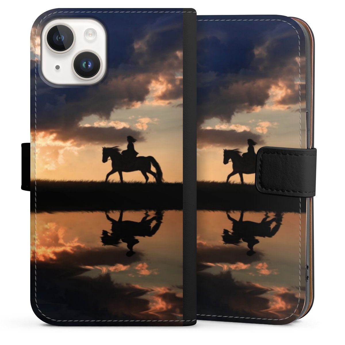 iPhone 14 Handy Klapphülle Handyhülle aus Kunst Leder schwarz Flip Case Horse Sunset Horseback Riding Sideflip mit Lasche