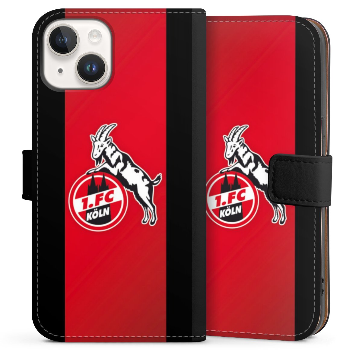 iPhone 14 Handy Klapphülle Handyhülle aus Kunst Leder schwarz Flip Case Official Licensed Product Billy Goat Hennes 1. Fc Köln Sideflip mit Lasche