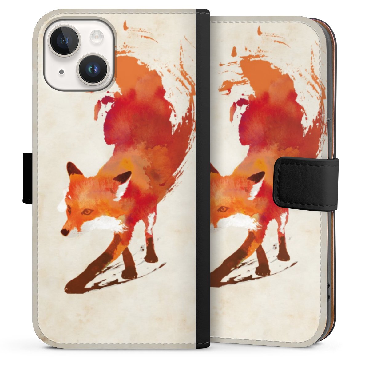 iPhone 14 Handy Klapphülle Handyhülle aus Kunst Leder schwarz Flip Case Fox Graphic Sideflip mit Lasche