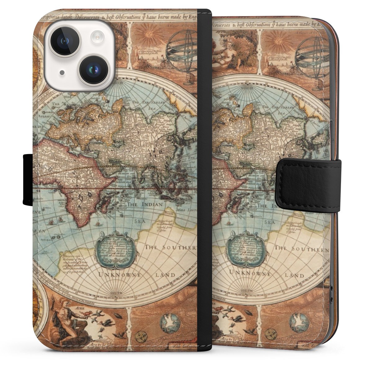 iPhone 14 Handy Klapphülle Handyhülle aus Kunst Leder schwarz Flip Case World Map Vintage Map Sideflip mit Lasche