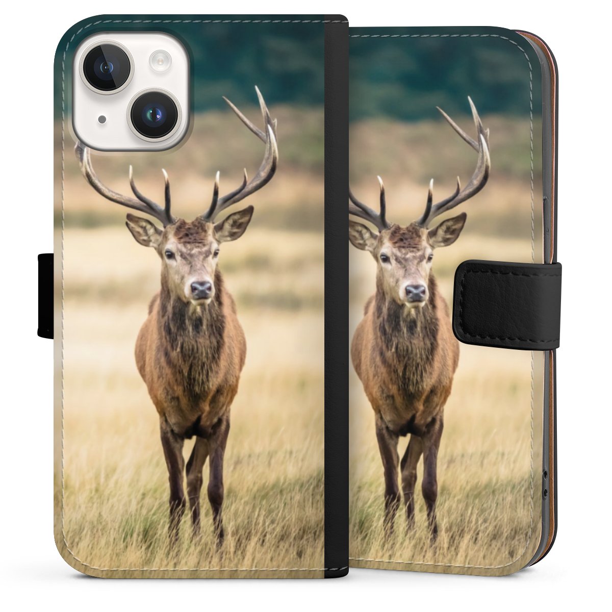 iPhone 14 Handy Klapphülle Handyhülle aus Kunst Leder schwarz Flip Case Deer Meadow Forrest Sideflip mit Lasche