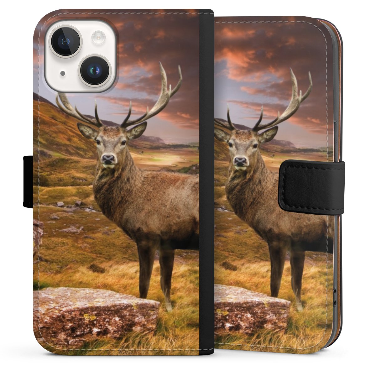 iPhone 14 Handy Klapphülle Handyhülle aus Kunst Leder schwarz Flip Case Meadow Mountain Deer Sideflip mit Lasche