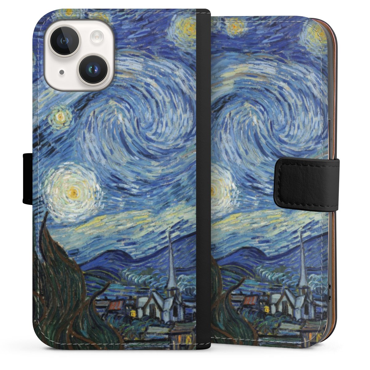 iPhone 14 Handy Klapphülle Handyhülle aus Kunst Leder schwarz Flip Case The Starry Night Kunst Vincent Van Gogh Sideflip mit Lasche