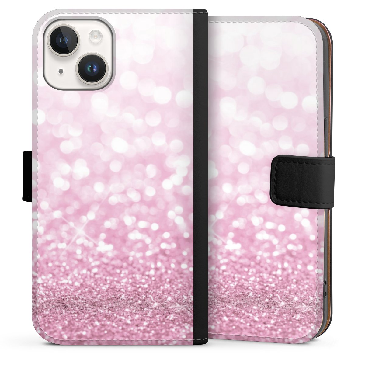 iPhone 14 Handy Klapphülle Handyhülle aus Kunst Leder schwarz Flip Case Glitzer Pink Shine Sideflip mit Lasche