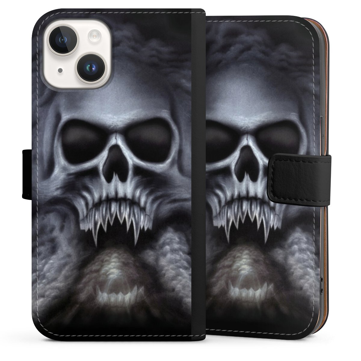 iPhone 14 Handy Klapphülle Handyhülle aus Kunst Leder schwarz Flip Case Totenkopf Skull Sideflip mit Lasche