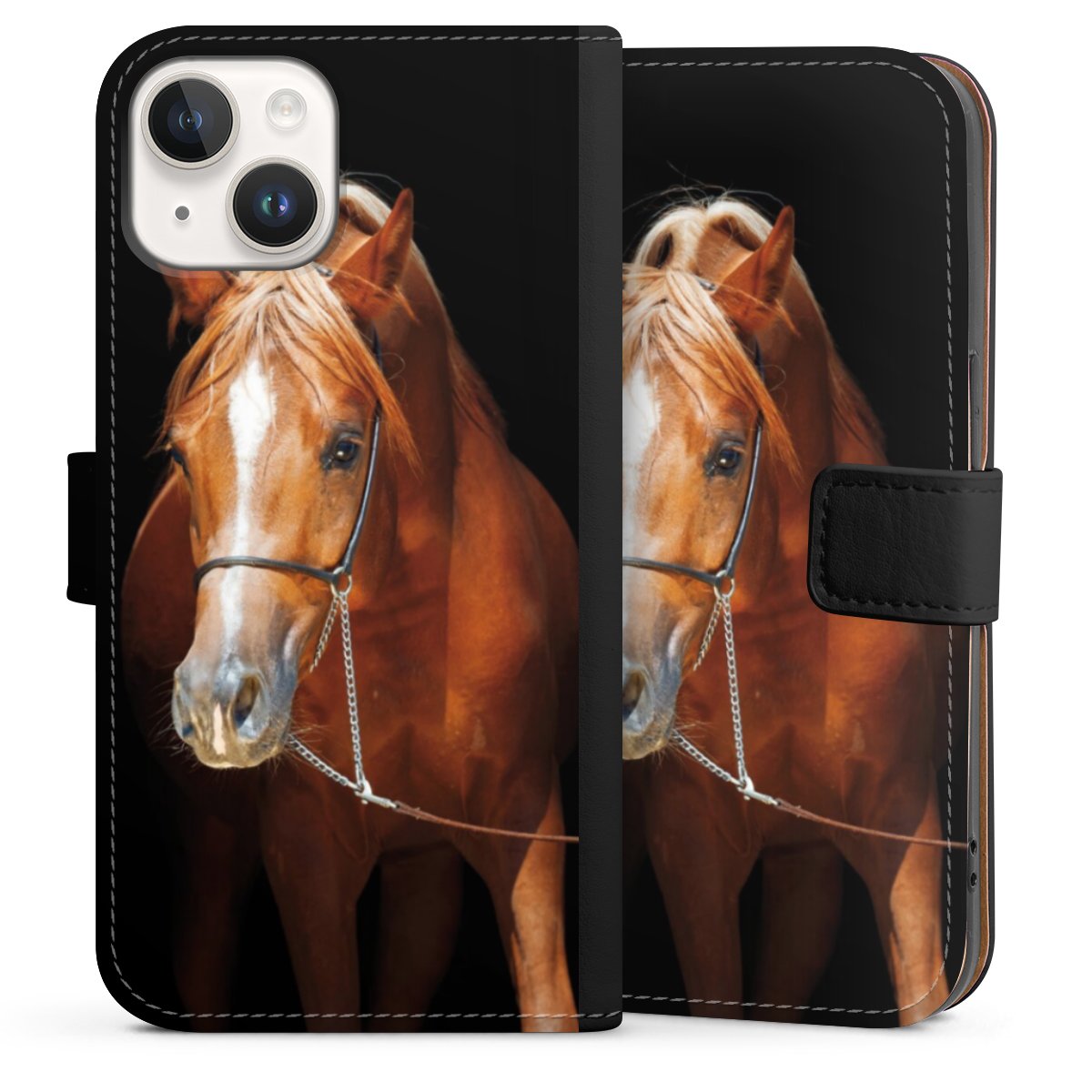 iPhone 14 Handy Klapphülle Handyhülle aus Kunst Leder schwarz Flip Case Mare Horse Hobby Sideflip mit Lasche