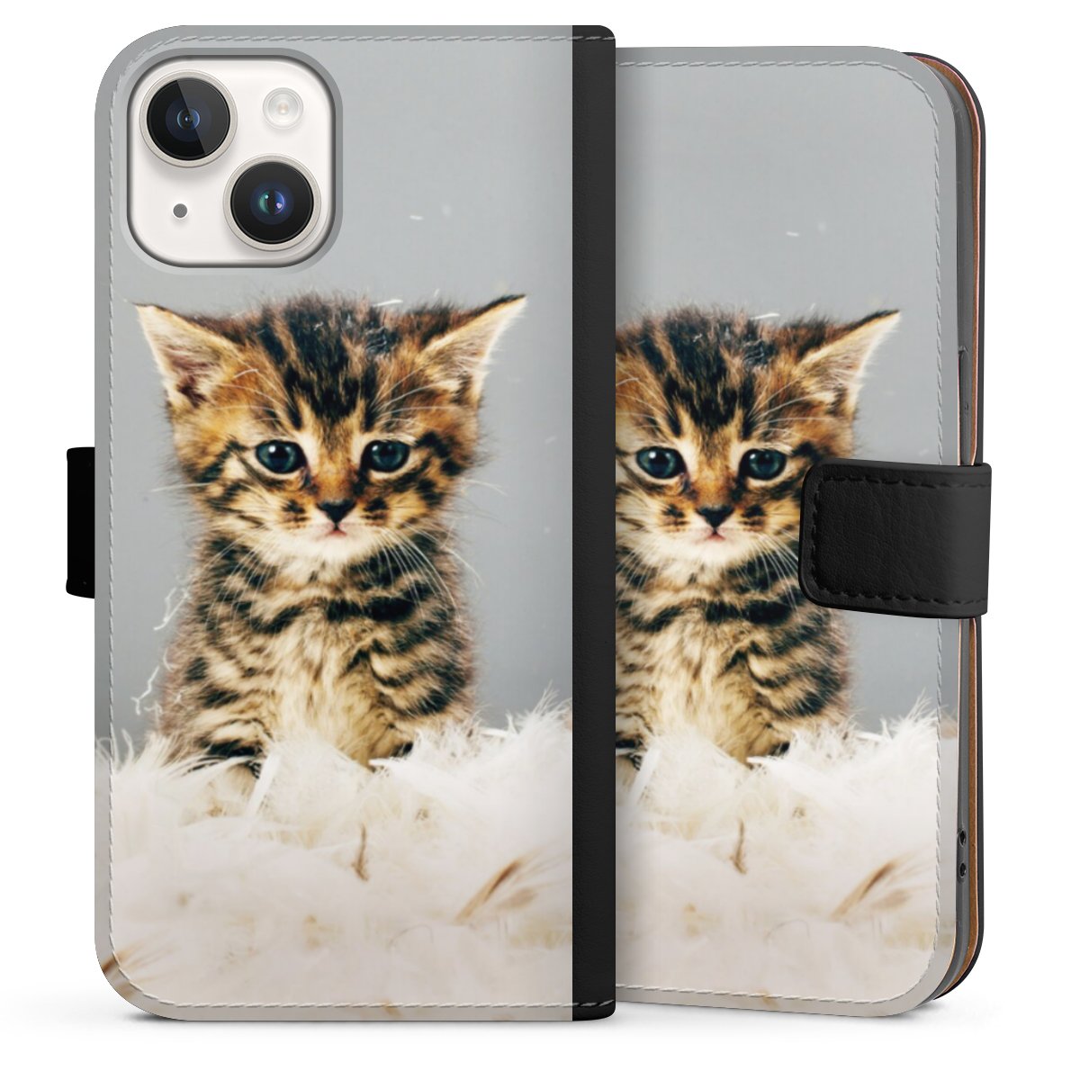 iPhone 14 Handy Klapphülle Handyhülle aus Kunst Leder schwarz Flip Case Cat Feather Pet Sideflip mit Lasche