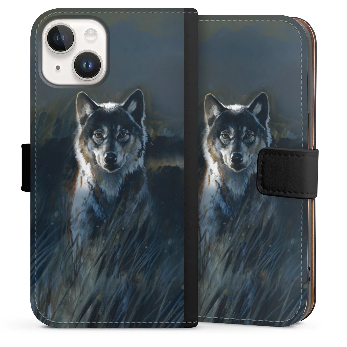 iPhone 14 Handy Klapphülle Handyhülle aus Kunst Leder schwarz Flip Case Nature Wolf Painting Sideflip mit Lasche