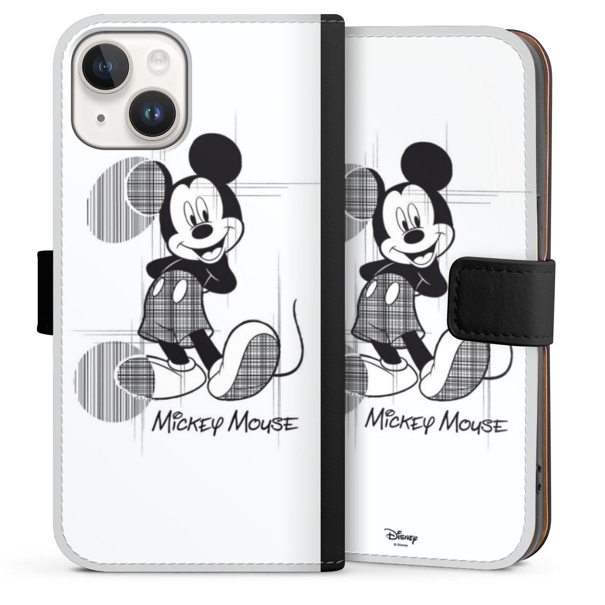 iPhone 14 Handy Klapphülle Handyhülle aus Kunst Leder schwarz Flip Case Disney Official Licensed Product Mickey Mouse Sideflip mit Lasche