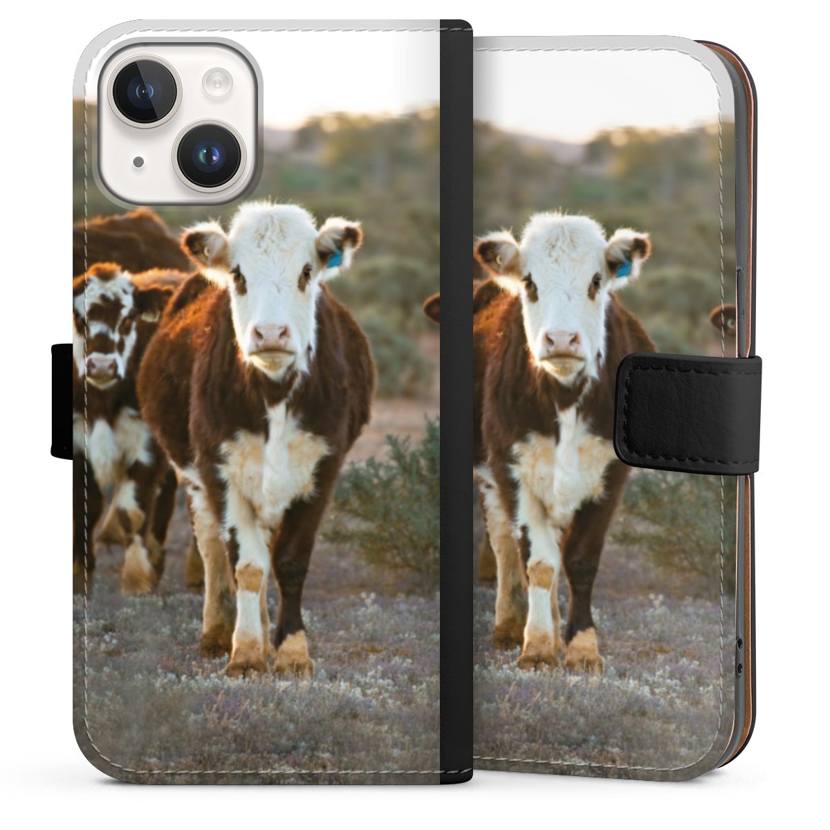 iPhone 14 Handy Klapphülle Handyhülle aus Kunst Leder schwarz Flip Case Cow Farmer Calf Sideflip mit Lasche