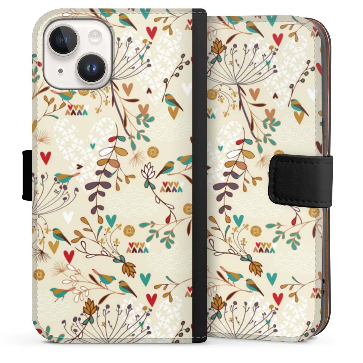 iPhone 14 Handy Klapphülle Handyhülle aus Kunst Leder schwarz Flip Case Bird Flowers Retro Sideflip mit Lasche