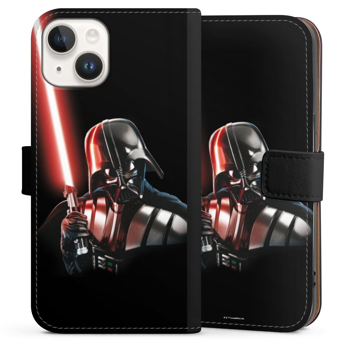 iPhone 14 Handy Klapphülle Handyhülle aus Kunst Leder schwarz Flip Case Star Wars Merchandise Darth Vader Sideflip mit Lasche