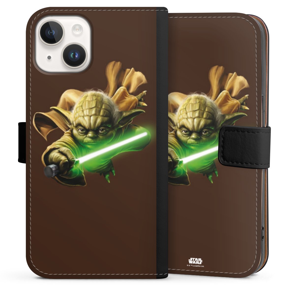 iPhone 14 Handy Klapphülle Handyhülle aus Kunst Leder schwarz Flip Case Yoda Merchandise Star Wars Sideflip mit Lasche