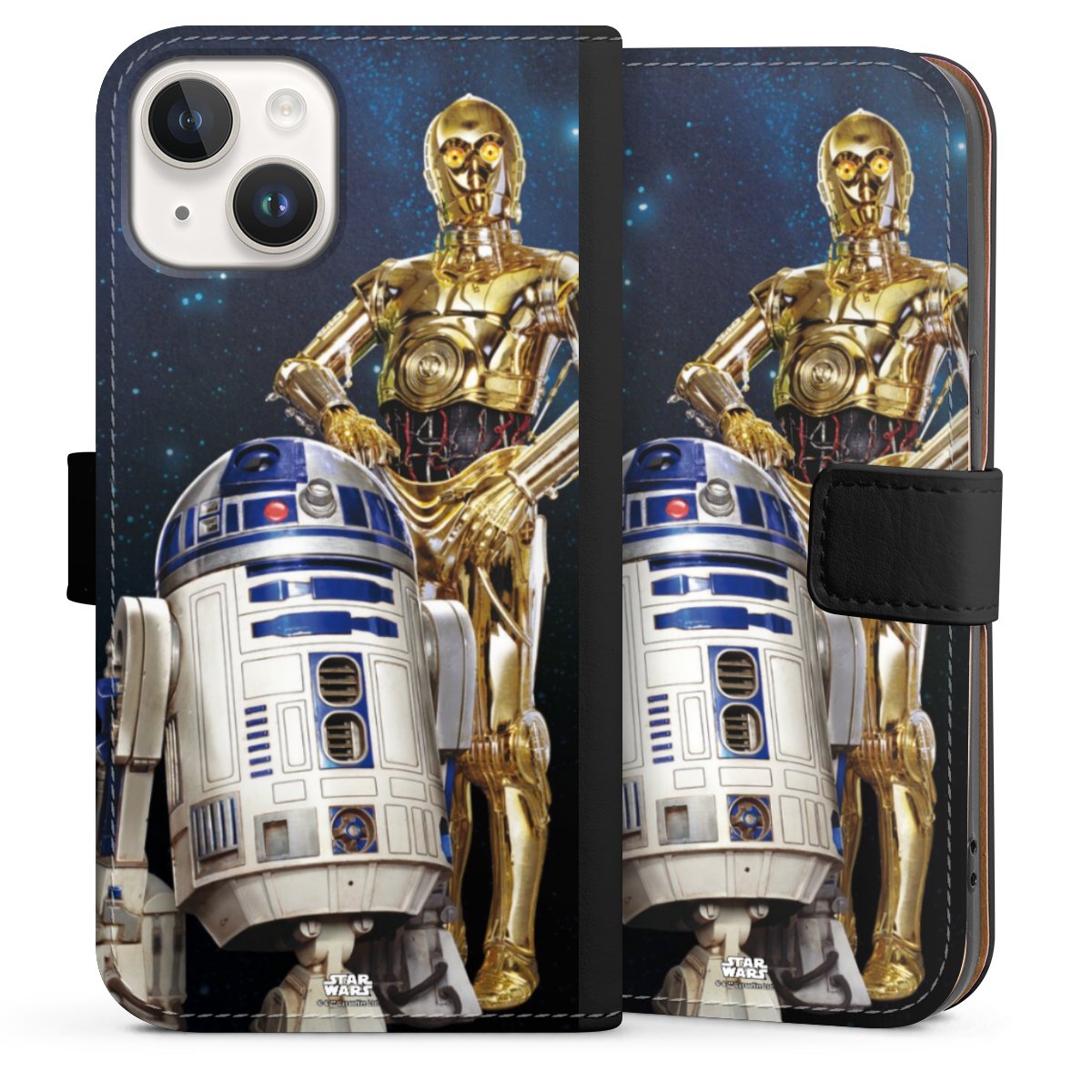 iPhone 14 Handy Klapphülle Handyhülle aus Kunst Leder schwarz Flip Case Weltall Star Wars R2d2 Sideflip mit Lasche