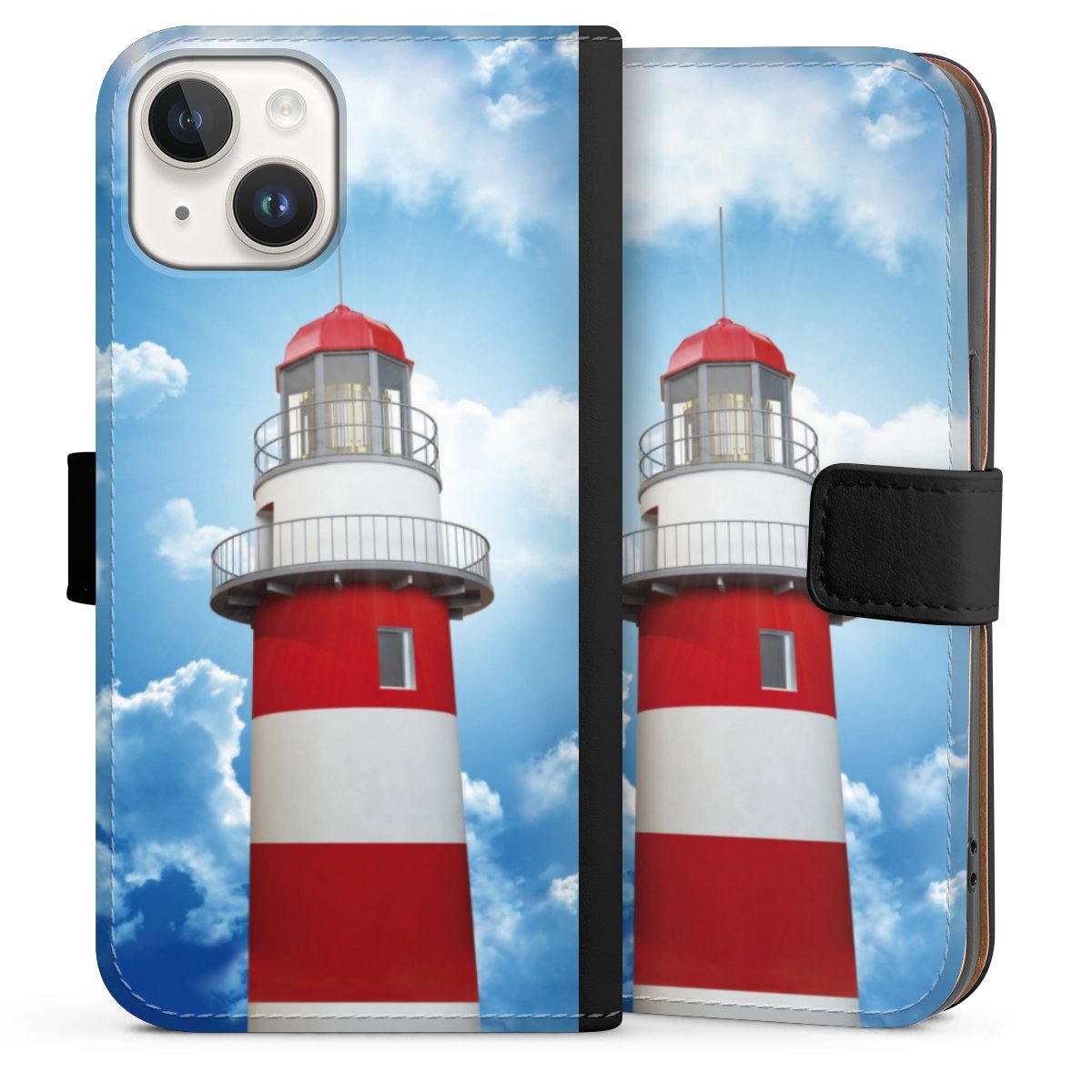 iPhone 14 Handy Klapphülle Handyhülle aus Kunst Leder schwarz Flip Case Lighthouse Sky Cloud Sideflip mit Lasche