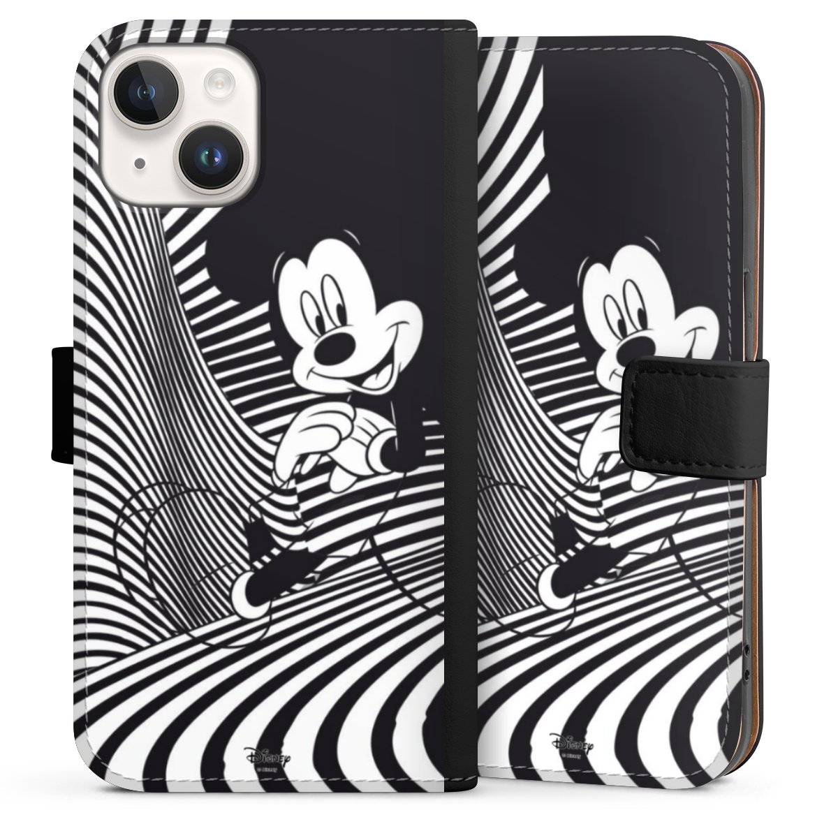 iPhone 14 Handy Klapphülle Handyhülle aus Kunst Leder schwarz Flip Case Disney Official Licensed Product Mickey Mouse Sideflip mit Lasche