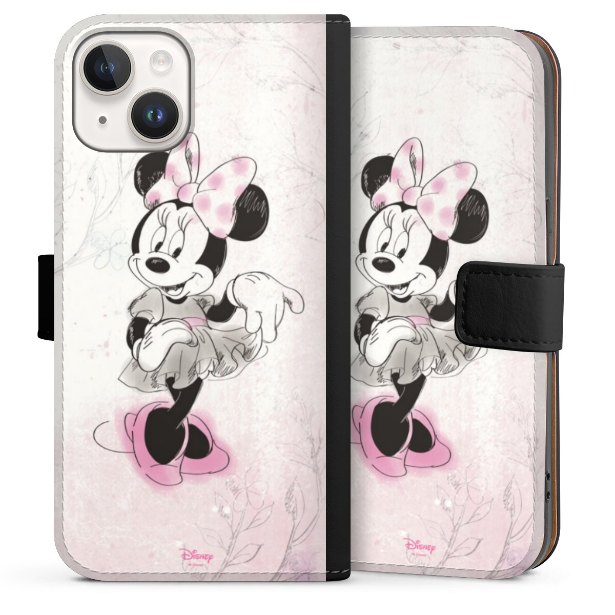 iPhone 14 Handy Klapphülle Handyhülle aus Kunst Leder schwarz Flip Case Disney Minnie Mouse Vintage Sideflip mit Lasche