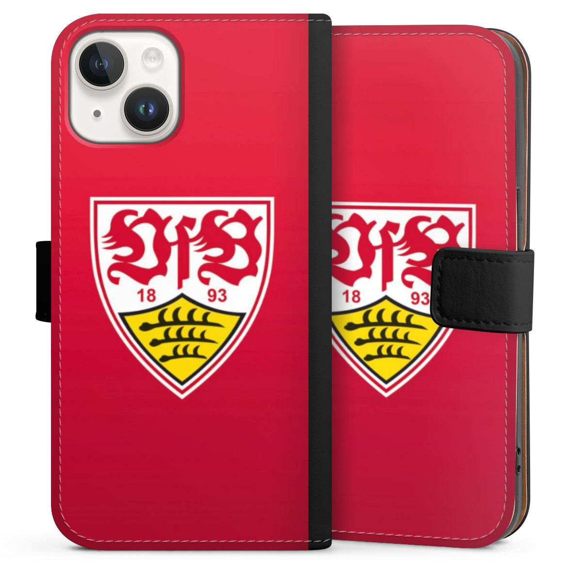 iPhone 14 Handy Klapphülle Handyhülle aus Kunst Leder schwarz Flip Case Official Licensed Product Vfb Stuttgart Sideflip mit Lasche