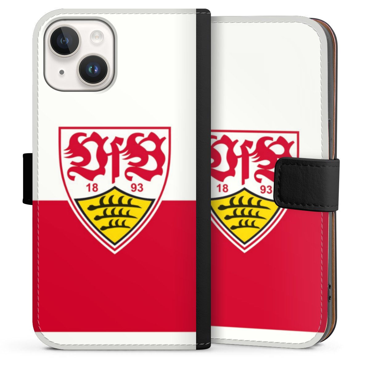 iPhone 14 Handy Klapphülle Handyhülle aus Kunst Leder schwarz Flip Case Official Licensed Product Logo Vfb Stuttgart Sideflip mit Lasche