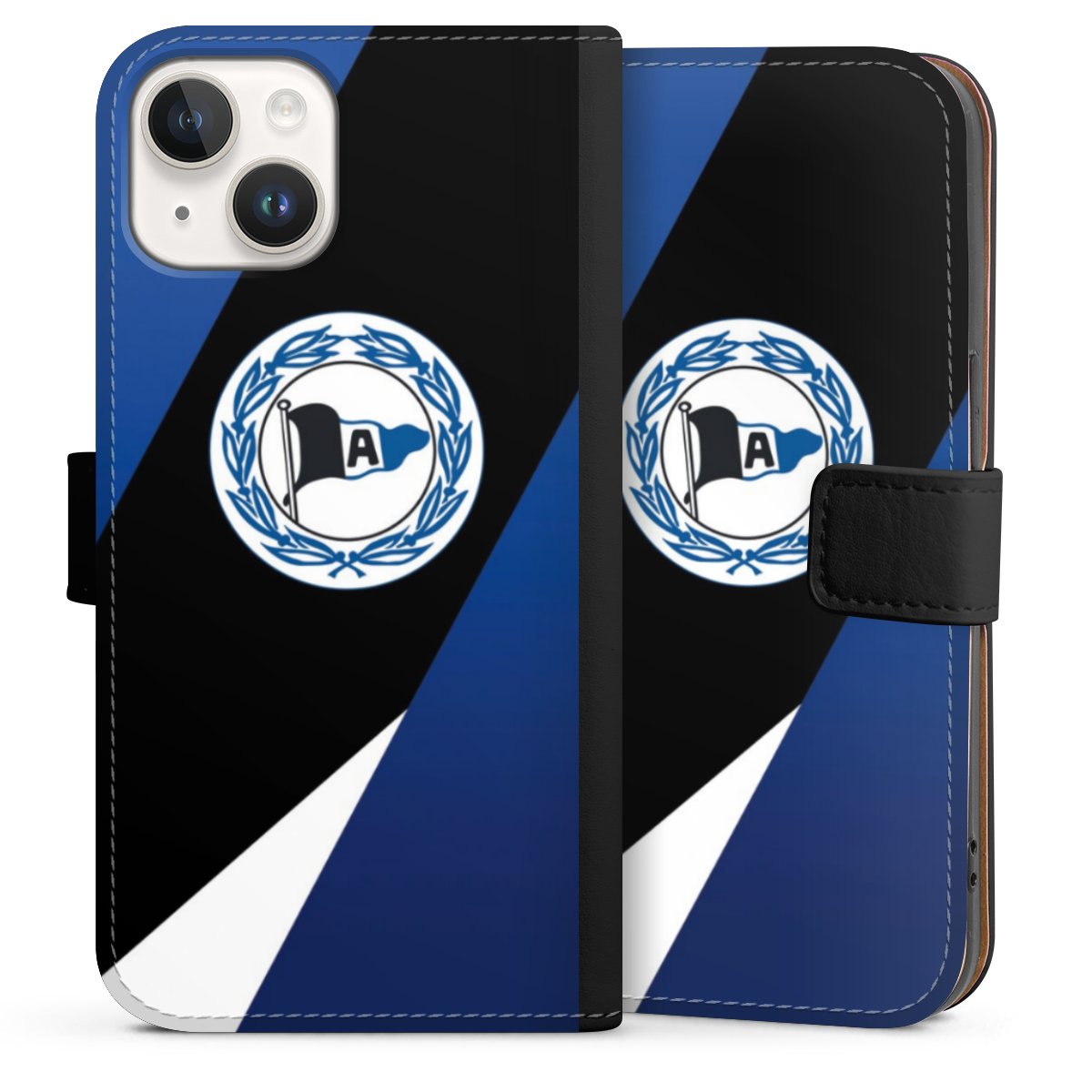 iPhone 14 Handy Klapphülle Handyhülle aus Kunst Leder schwarz Flip Case Official Licensed Product Arminia Bielefeld Dsc Sideflip mit Lasche