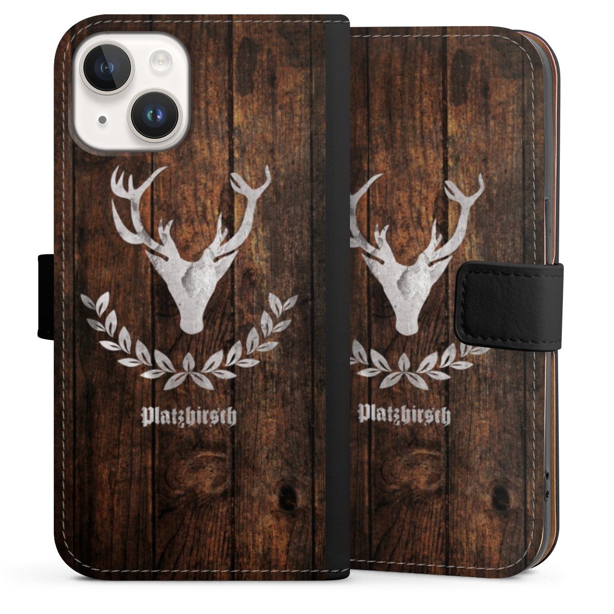 iPhone 14 Handy Klapphülle Handyhülle aus Kunst Leder schwarz Flip Case Deer Wood Wooden Look Sideflip mit Lasche