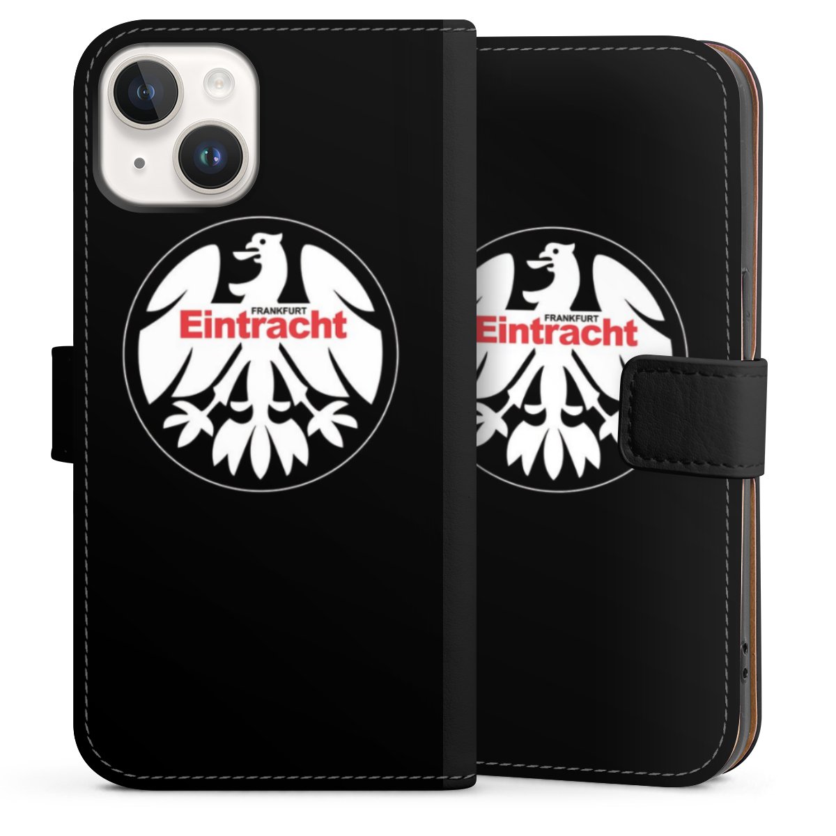 iPhone 14 Handy Klapphülle Handyhülle aus Kunst Leder schwarz Flip Case Official Licensed Product Eintracht Frankfurt Sge Sideflip mit Lasche