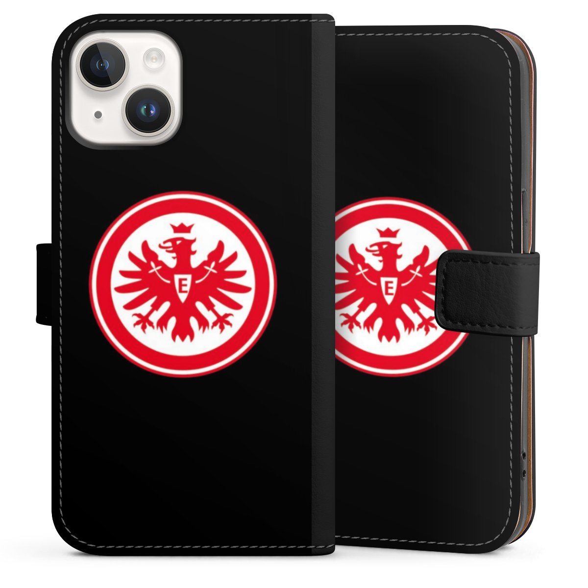 iPhone 14 Handy Klapphülle Handyhülle aus Kunst Leder schwarz Flip Case Eintracht Frankfurt Sge Eagle Sideflip mit Lasche