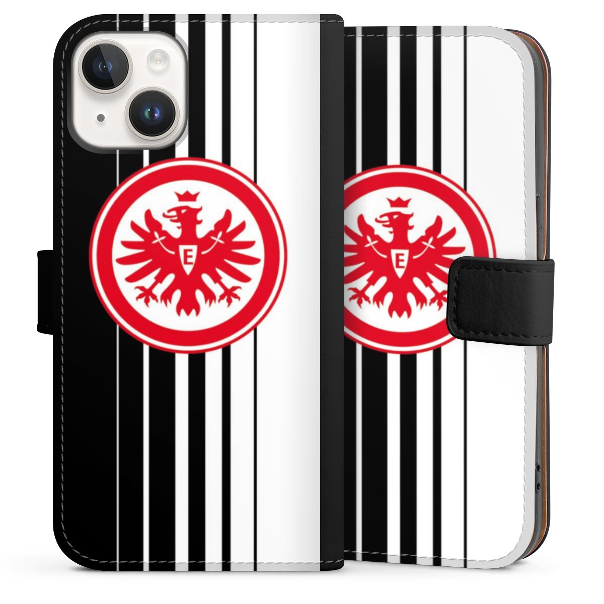 iPhone 14 Handy Klapphülle Handyhülle aus Kunst Leder schwarz Flip Case Stripes Eintracht Frankfurt Official Licensed Product Sideflip mit Lasche