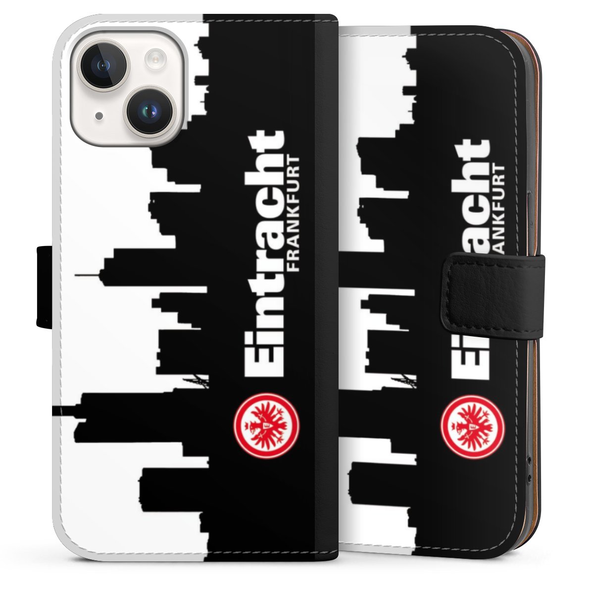 iPhone 14 Handy Klapphülle Handyhülle aus Kunst Leder schwarz Flip Case Sge Eintracht Frankfurt Official Licensed Product Sideflip mit Lasche