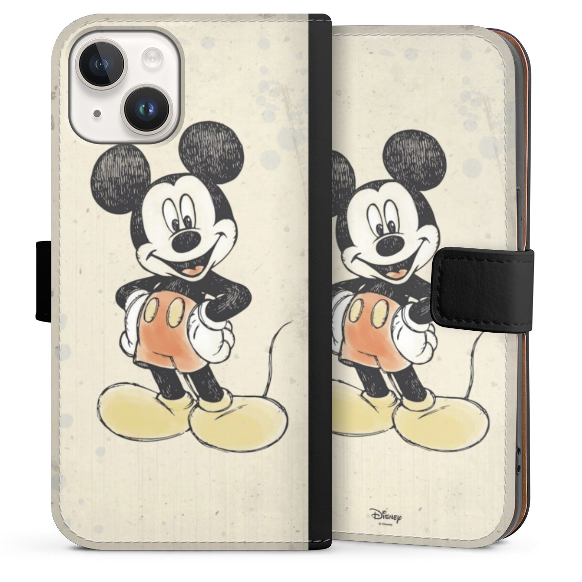 iPhone 14 Handy Klapphülle Handyhülle aus Kunst Leder schwarz Flip Case Water Colour Mickey & Minnie Mouse Official Licensed Product Sideflip mit Lasche