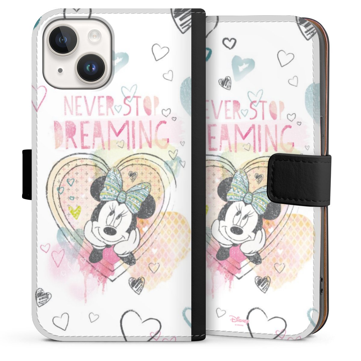 iPhone 14 Handy Klapphülle Handyhülle aus Kunst Leder schwarz Flip Case Disney Official Licensed Product Minnie Mouse Sideflip mit Lasche