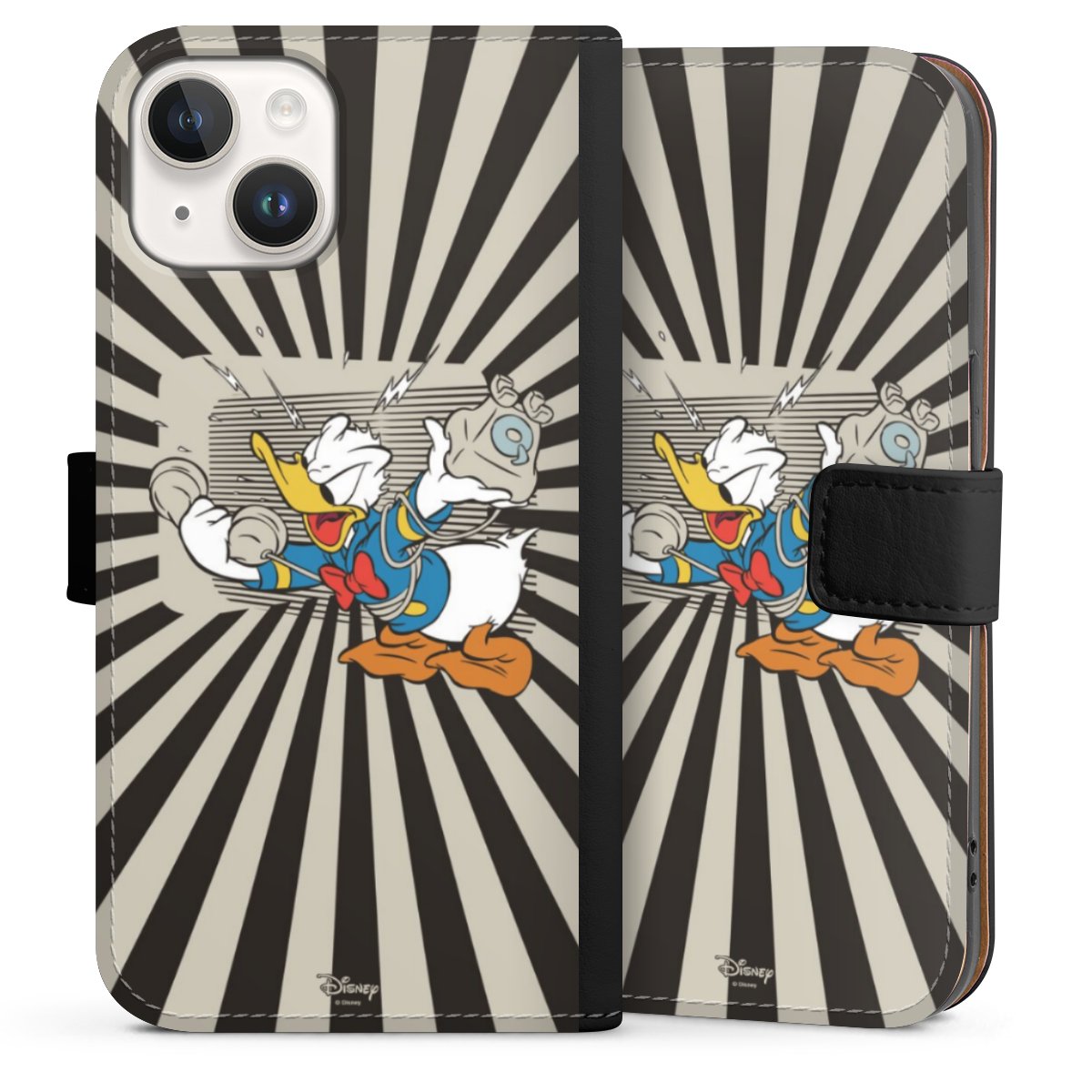 iPhone 14 Handy Klapphülle Handyhülle aus Kunst Leder schwarz Flip Case Donald Duck Disney Official Licensed Product Sideflip mit Lasche