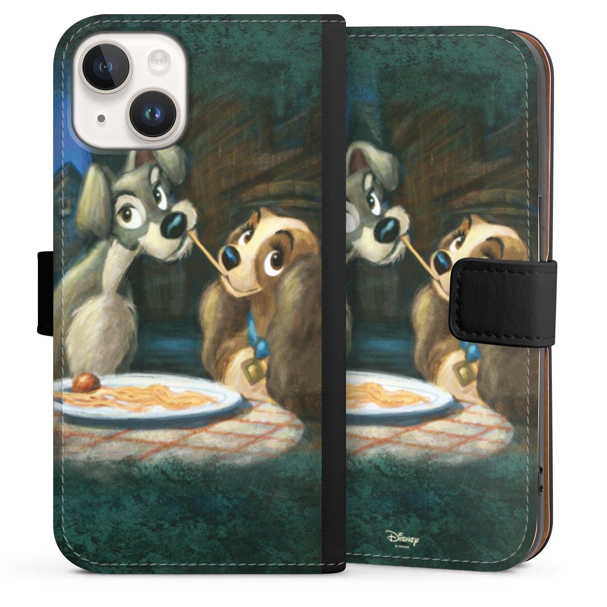 iPhone 14 Handy Klapphülle Handyhülle aus Kunst Leder schwarz Flip Case Lady And The Tramp Official Licensed Product Disney Sideflip mit Lasche