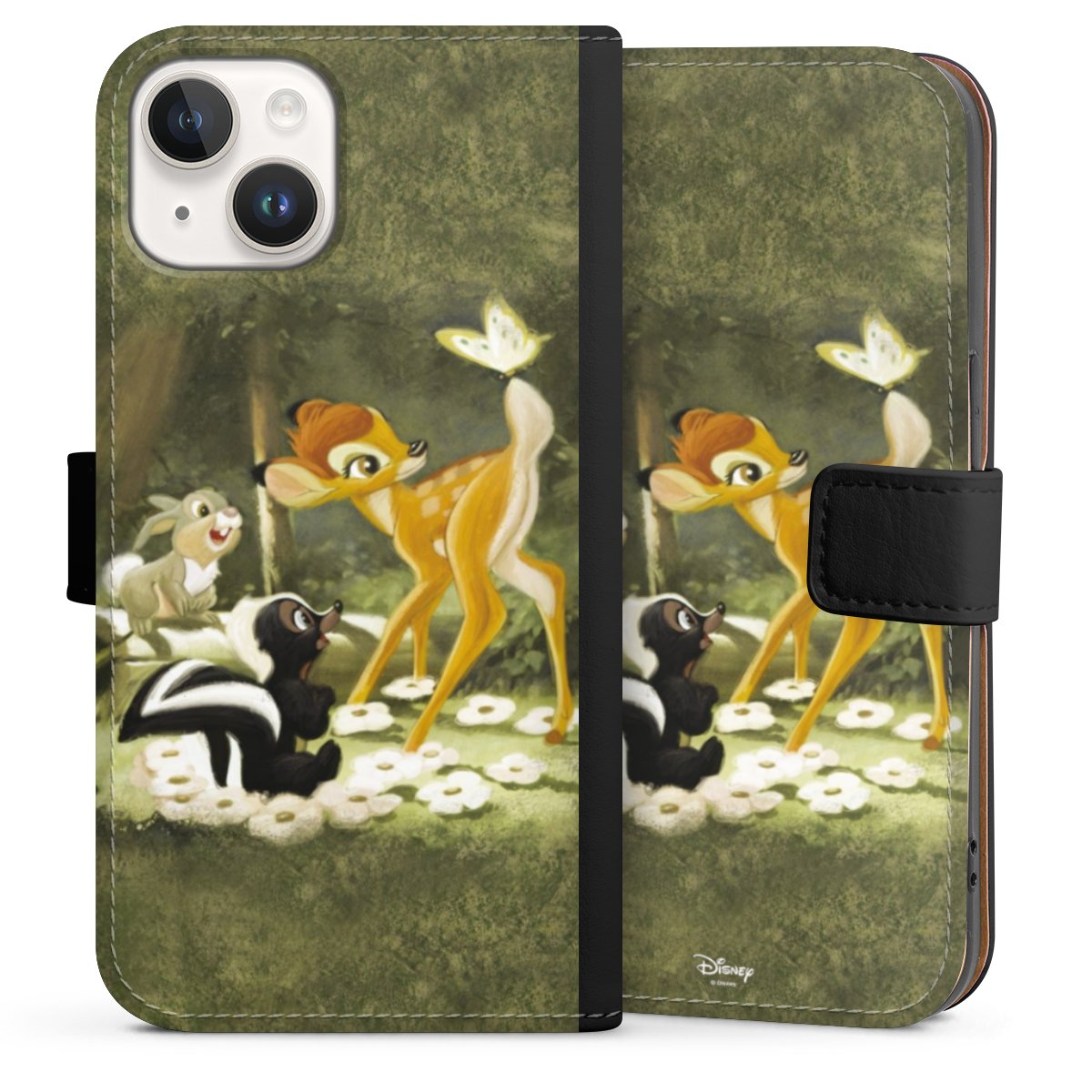 iPhone 14 Handy Klapphülle Handyhülle aus Kunst Leder schwarz Flip Case Disney Official Licensed Product Bambi Sideflip mit Lasche