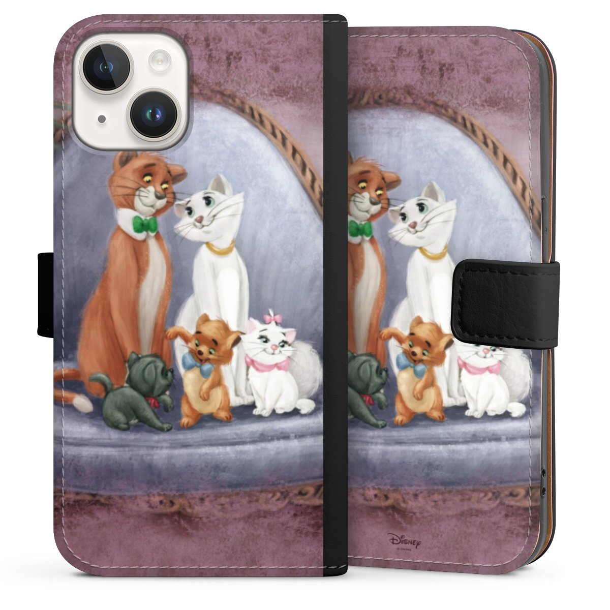 iPhone 14 Handy Klapphülle Handyhülle aus Kunst Leder schwarz Flip Case Official Licensed Product Disney Aristocats Sideflip mit Lasche