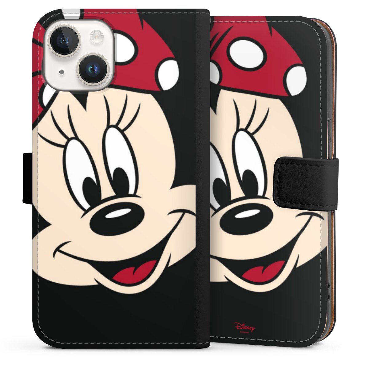 iPhone 14 Handy Klapphülle Handyhülle aus Kunst Leder schwarz Flip Case Minnie Mouse Official Licensed Product Disney Sideflip mit Lasche