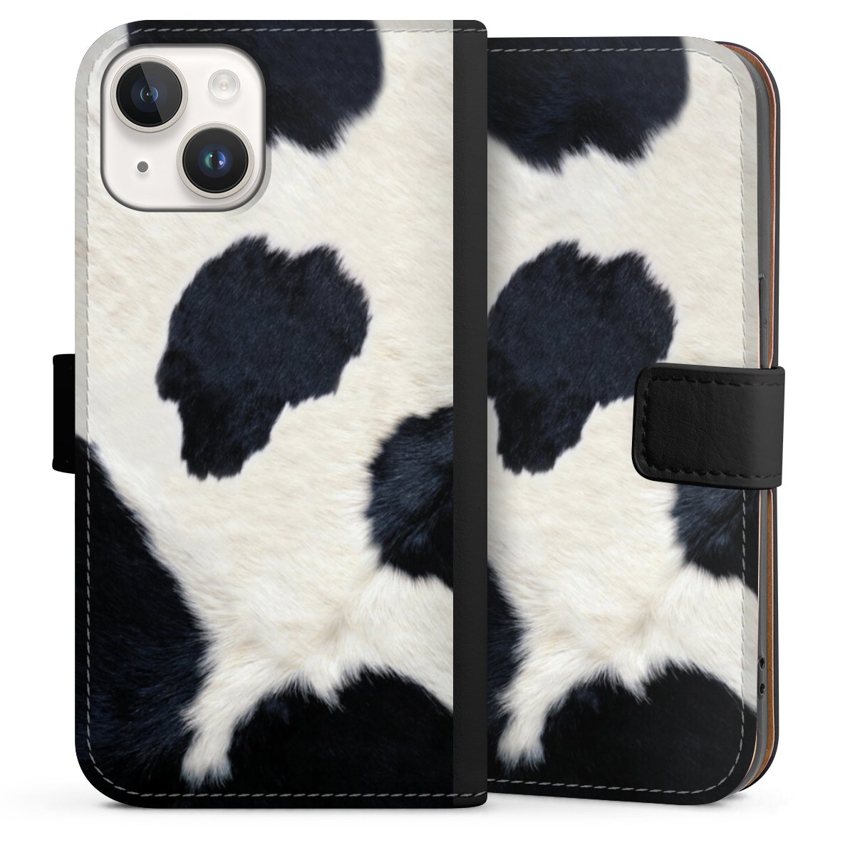 iPhone 14 Handy Klapphülle Handyhülle aus Kunst Leder schwarz Flip Case Animal Look Animal Print Cow Skin Sideflip mit Lasche