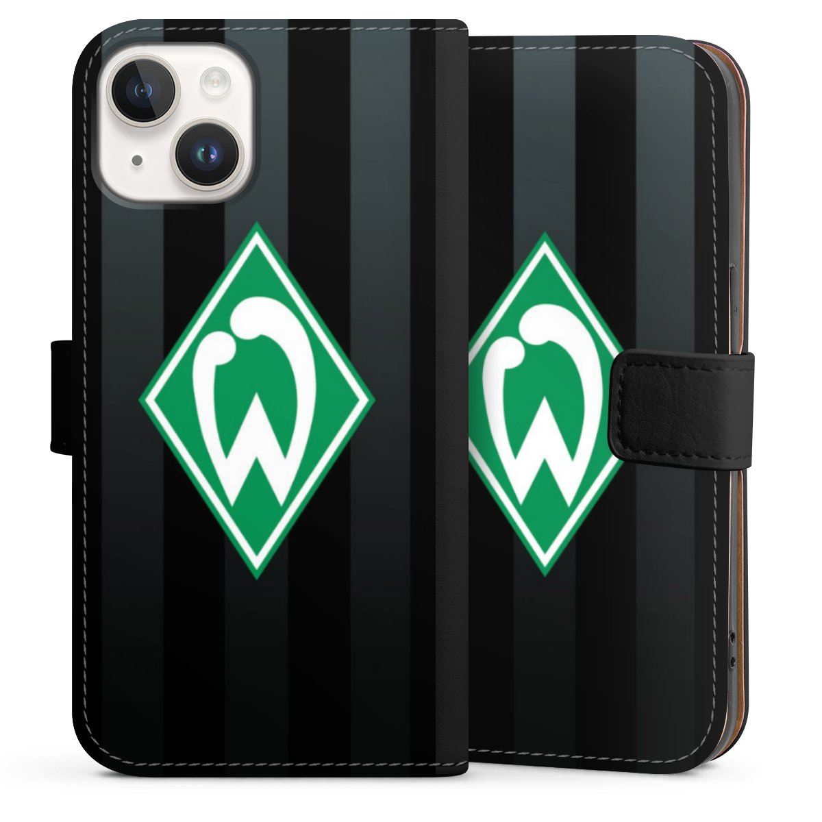 iPhone 14 Handy Klapphülle Handyhülle aus Kunst Leder schwarz Flip Case Stripes Sv Werder Bremen Official Licensed Product Sideflip mit Lasche