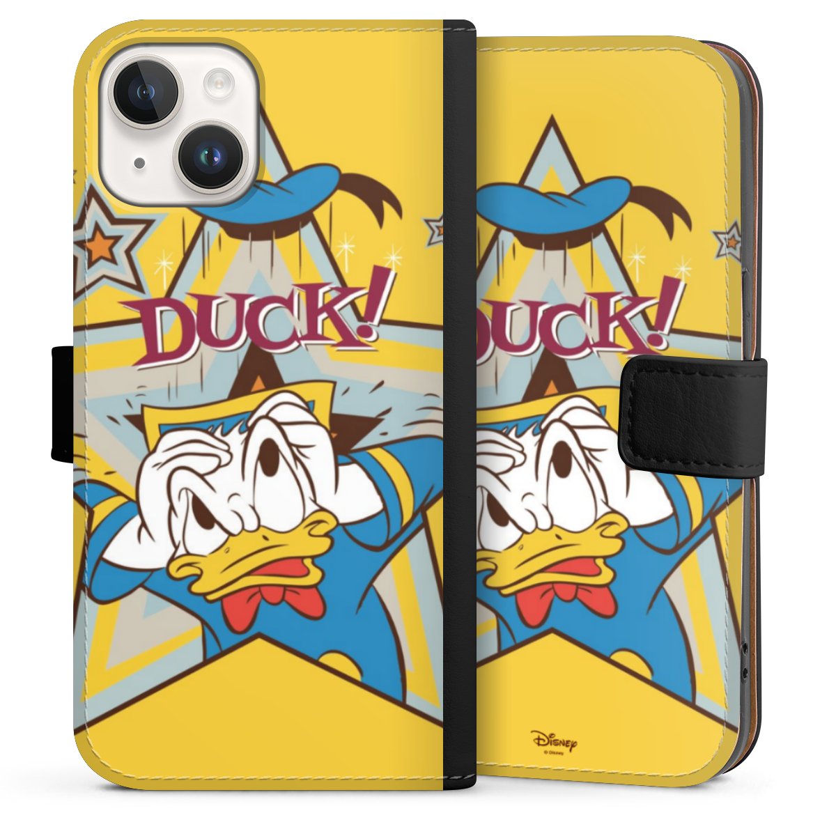 iPhone 14 Handy Klapphülle Handyhülle aus Kunst Leder schwarz Flip Case Official Licensed Product Donald Duck Disney Sideflip mit Lasche