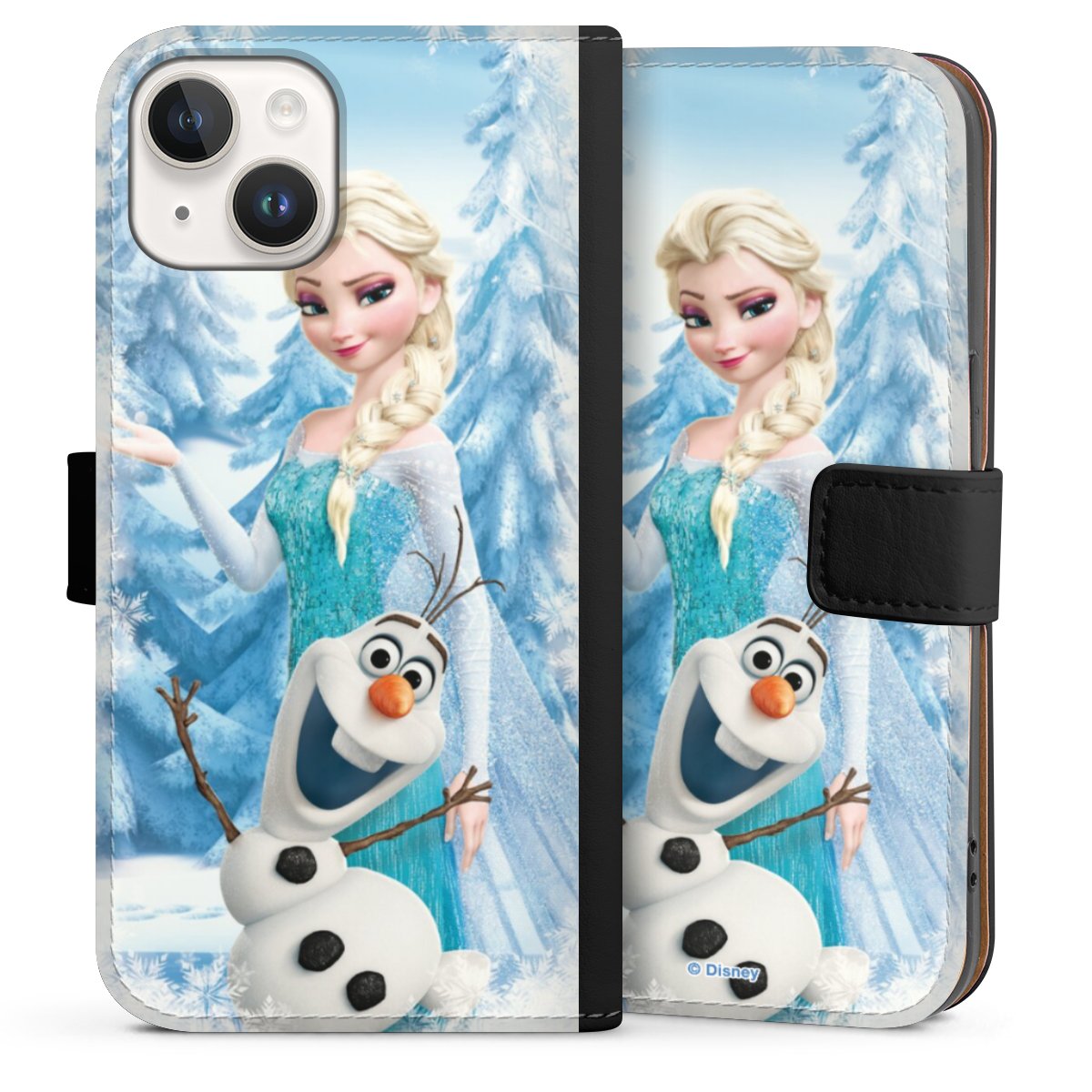 iPhone 14 Handy Klapphülle Handyhülle aus Kunst Leder schwarz Flip Case Official Licensed Product Frozen Elsa Disney Sideflip mit Lasche