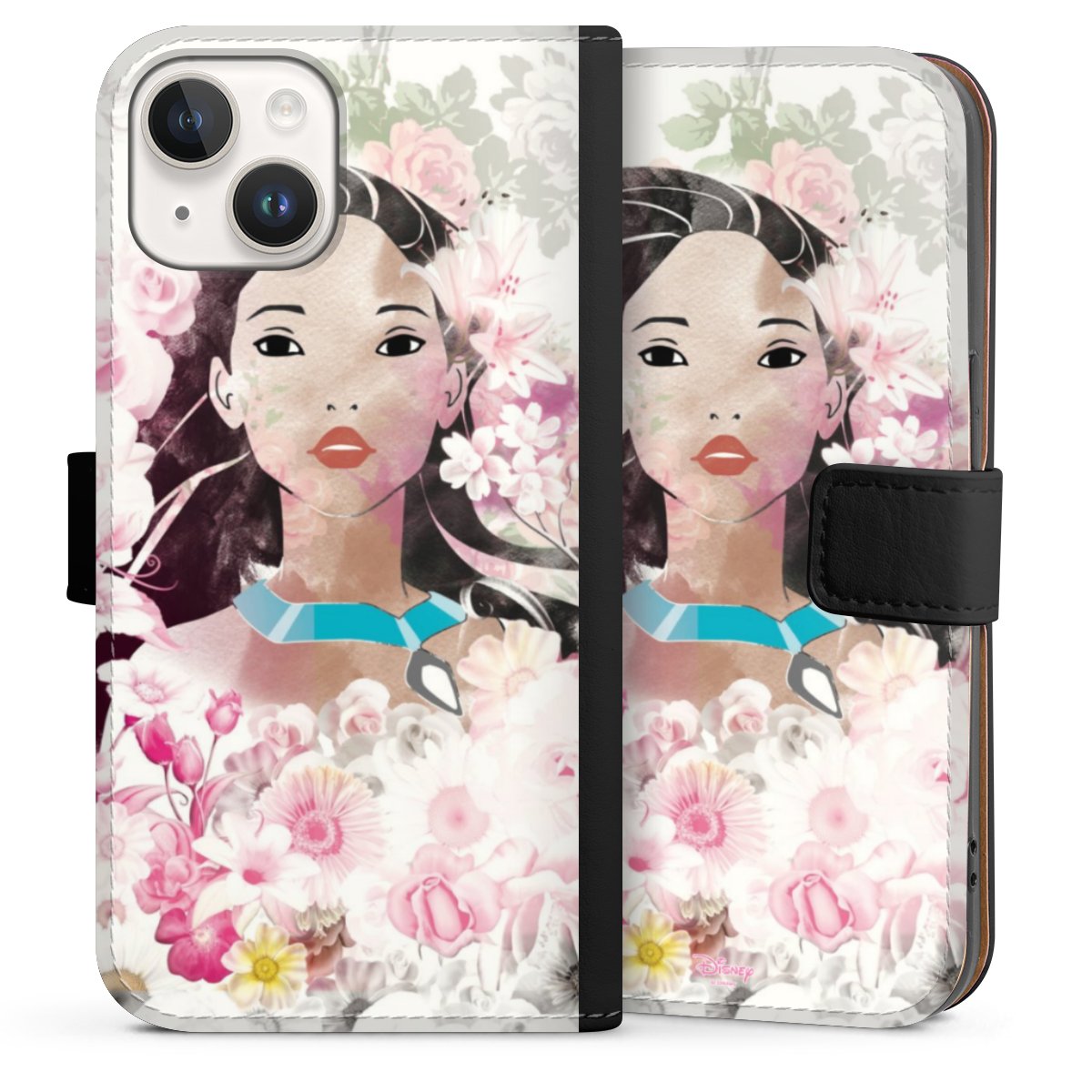 iPhone 14 Handy Klapphülle Handyhülle aus Kunst Leder schwarz Flip Case Pocahontas Official Licensed Product Disney Sideflip mit Lasche