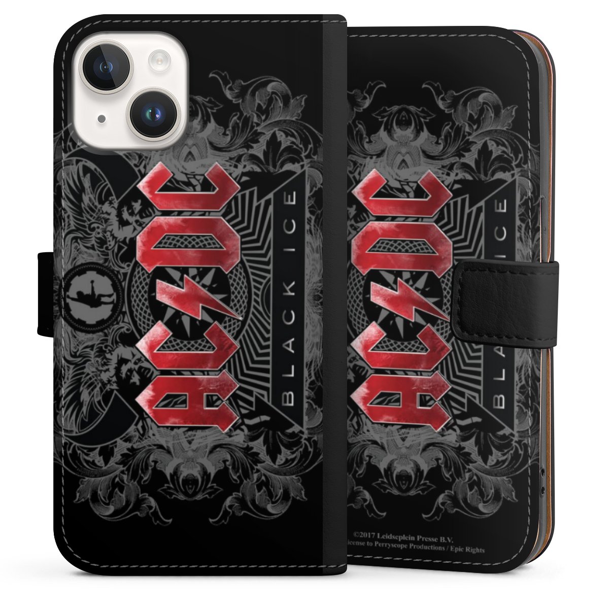 iPhone 14 Handy Klapphülle Handyhülle aus Kunst Leder schwarz Flip Case Merchandise Black Ice Acdc Sideflip mit Lasche