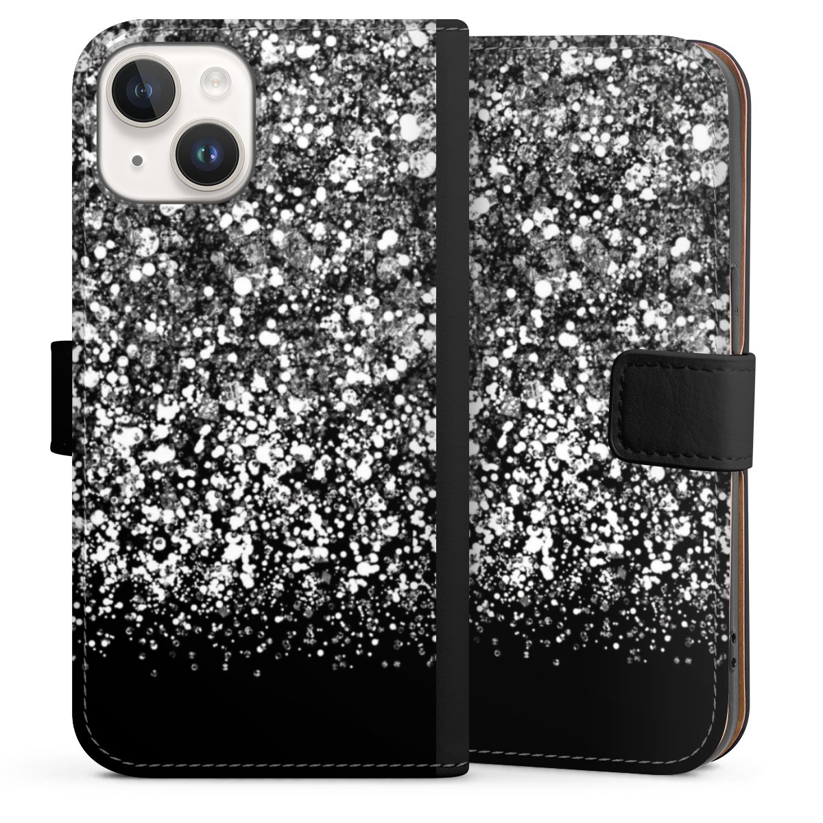 iPhone 14 Handy Klapphülle Handyhülle aus Kunst Leder schwarz Flip Case Glitzer Snowflake Muster Sideflip mit Lasche