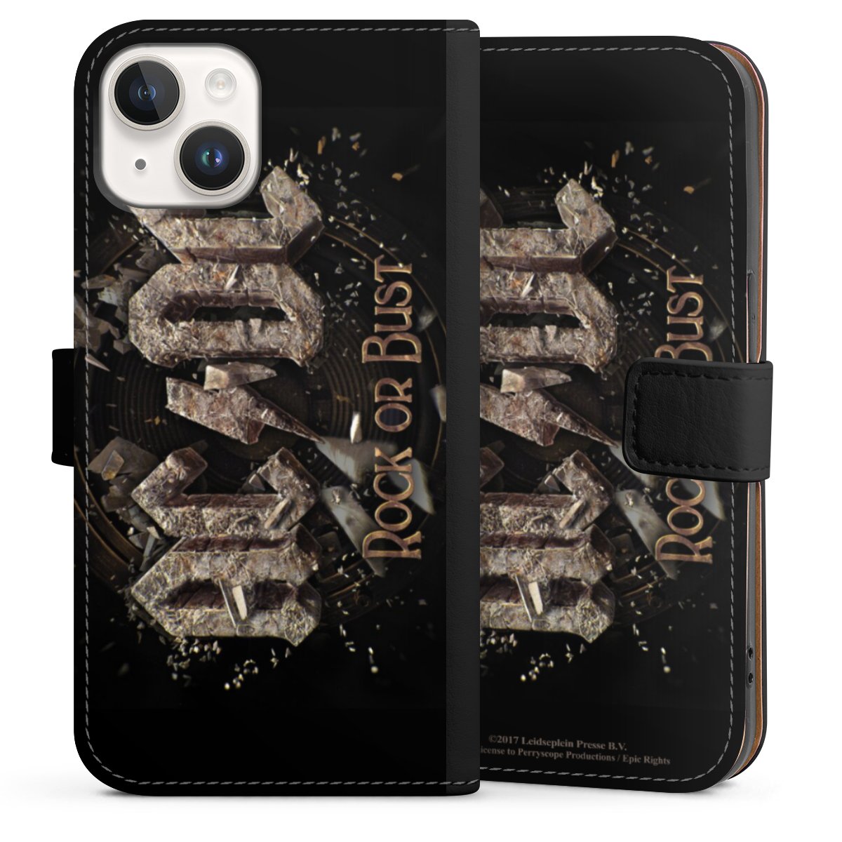 iPhone 14 Handy Klapphülle Handyhülle aus Kunst Leder schwarz Flip Case Acdc Official Licensed Product Rock Or Bust Sideflip mit Lasche