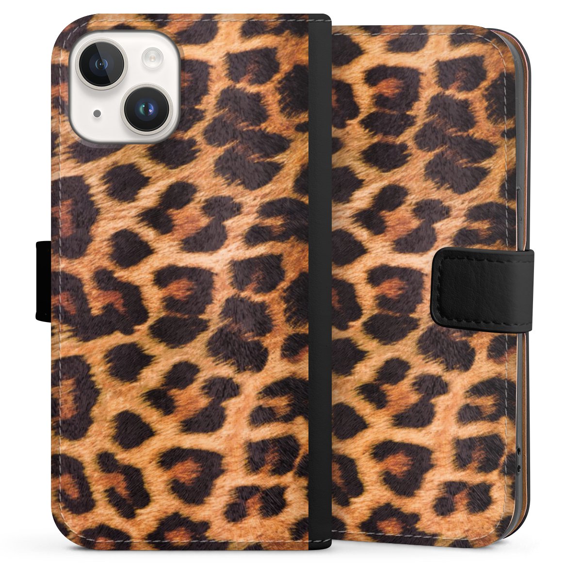 iPhone 14 Handy Klapphülle Handyhülle aus Kunst Leder schwarz Flip Case Animal Print Leopard Fur Sideflip mit Lasche