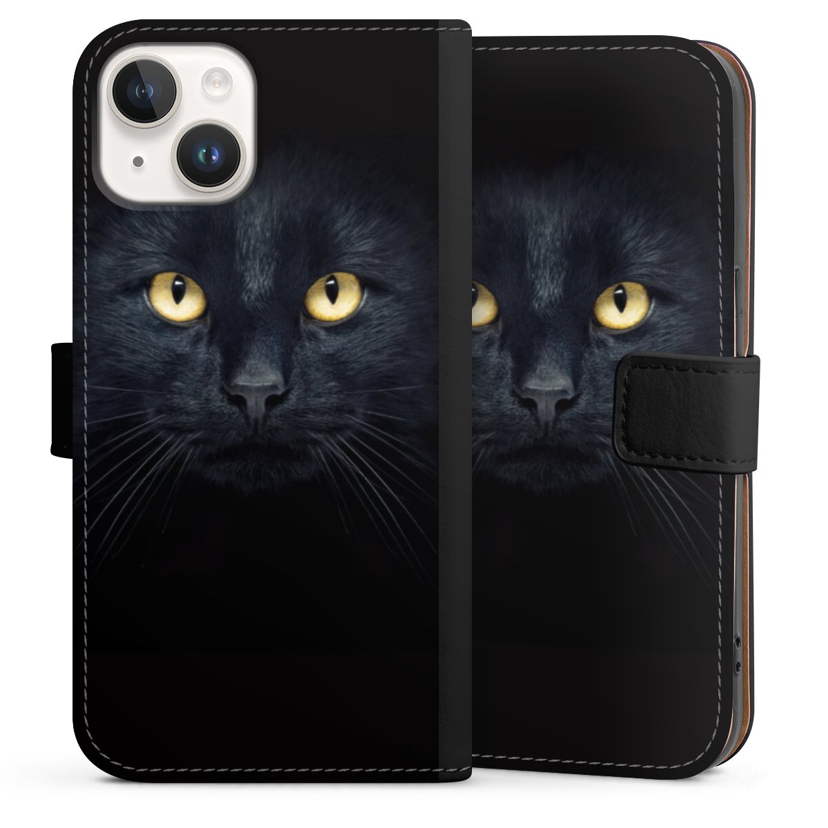 iPhone 14 Handy Klapphülle Handyhülle aus Kunst Leder schwarz Flip Case Eye Cat Black Sideflip mit Lasche